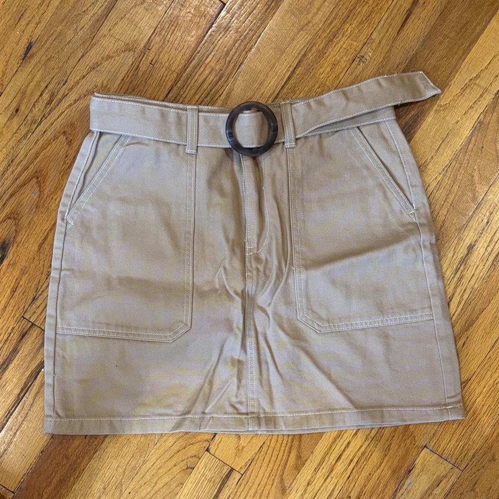 Tan Belted Mini Skirt with Pockets